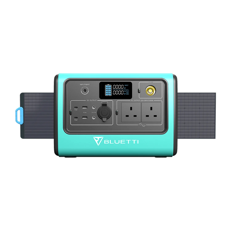 BLUETTI EB70 Power Station in Turquoise with solar panel